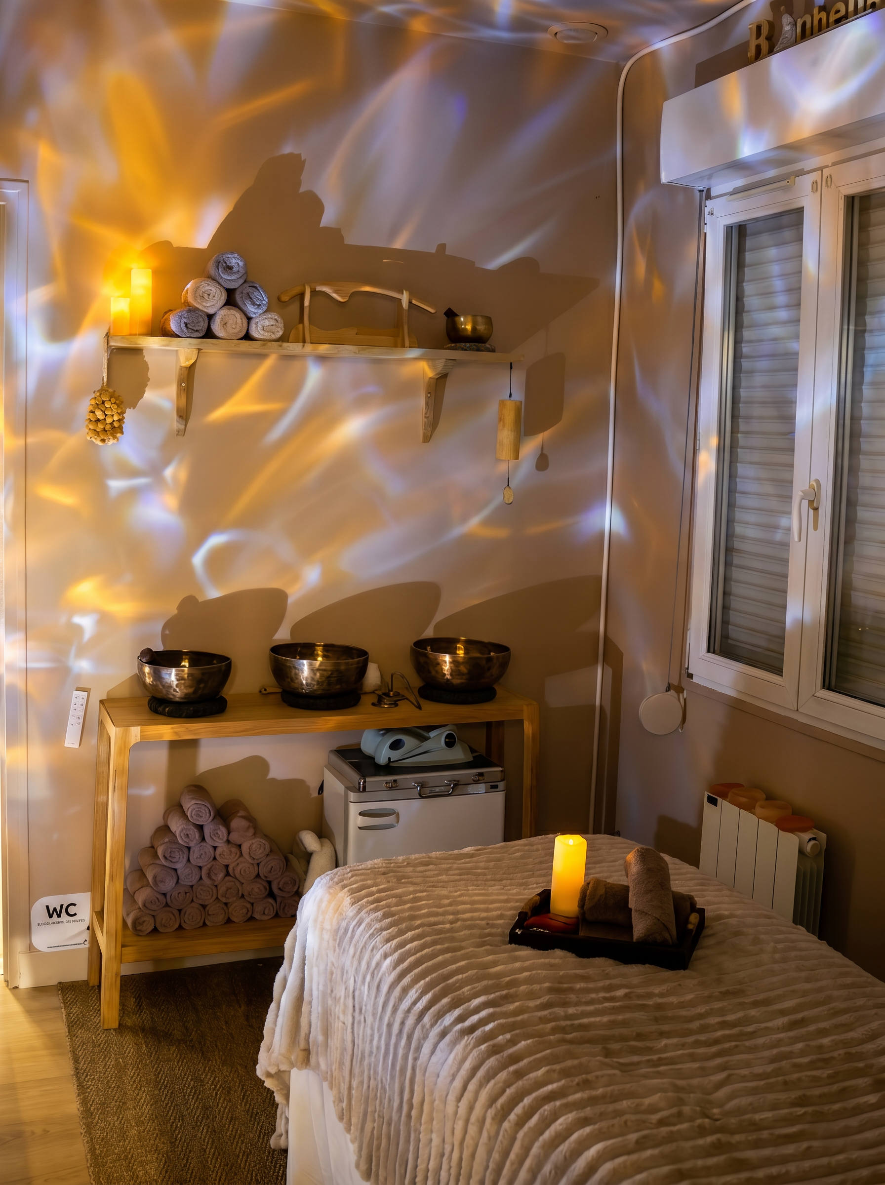 Cabine de soin AROMAMEMORY, ambiance tamisée aux bougies et bols chantants tibétains